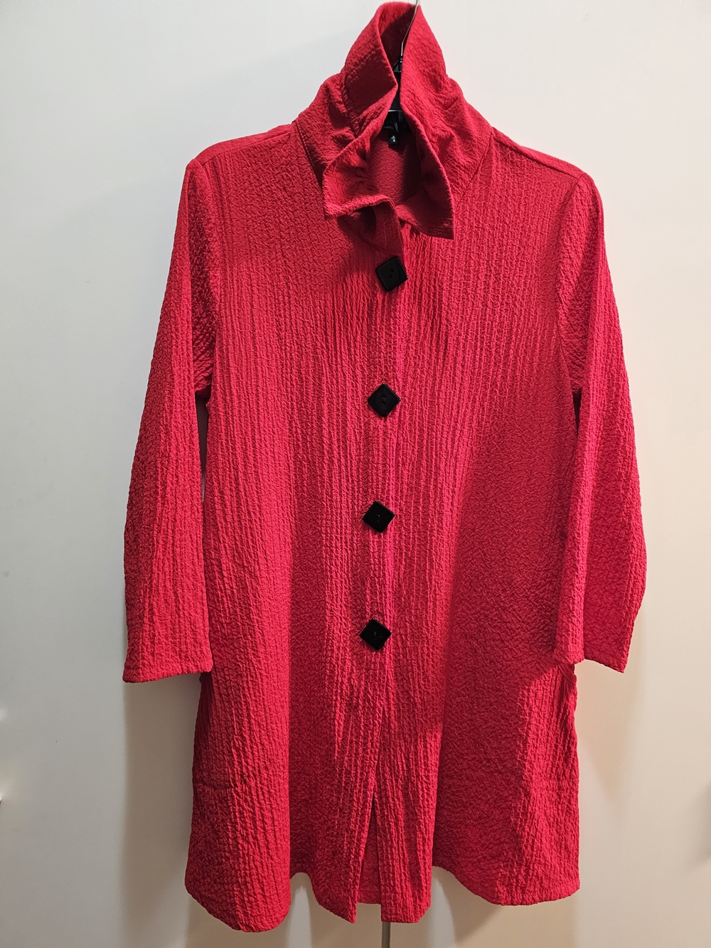 Women's Bright Red Long-Sleeve Textured Button-Front Dress